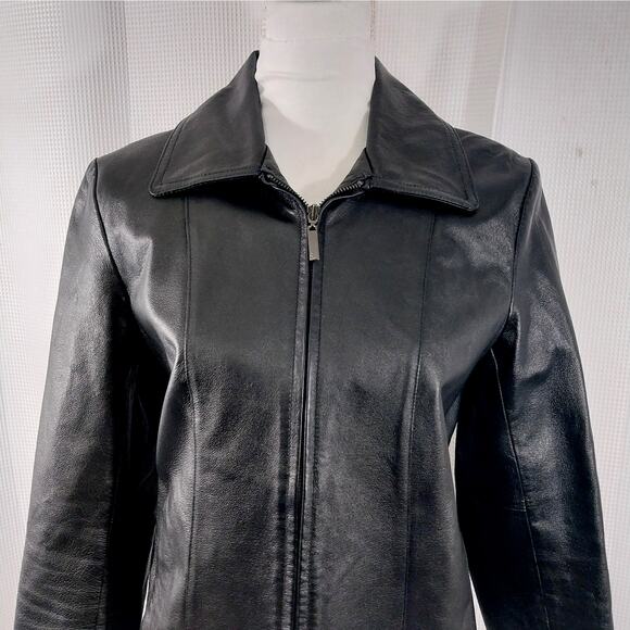 NEW YORK & CO.! BLACK GENUINE LEATHER STREAMLINED & SLEEK JACKET, COAT! SZ S - Picture 5 of 11